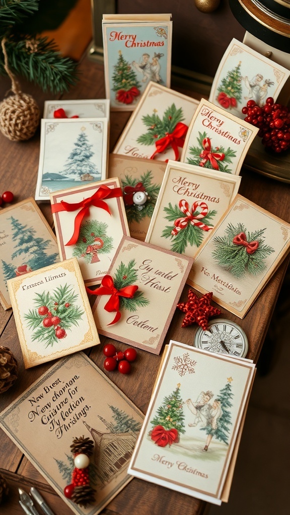 A display of vintage retro Christmas cards on a wooden table, showcasing nostalgic designs and embellishments.